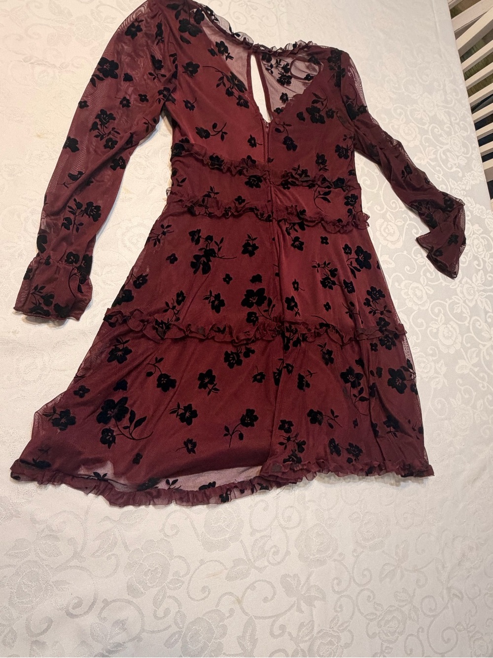 B. Smart Burgundy and Black Floral Long-Sleeve Tiered Dress